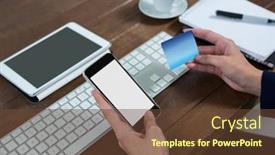  Presentation with online shopping - Presentation design with hand-of-businesswoman-doing-online background and a tawny brown colored foreground