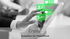  Presentation with social media - Colorful presentation enhanced with hand-of-businesswoman-using-social backdrop and a light gray colored foreground