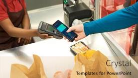  Presentation with products supermarket - Slide set having hand-of-buyer-holding-smartphone background and a yellow colored foreground