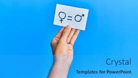  Presentation with gender equality - PPT theme featuring hand-of-caucasian-man-holding background and a cyan colored foreground