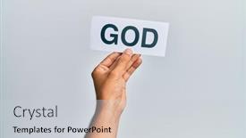  Presentation with word god - Presentation design enhanced with hand-of-caucasian-man-holding background and a light gray colored foreground