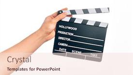  Presentation with clapboard - PPT theme featuring hand-of-caucasian-young-filmmaker background and a lemonade colored foreground