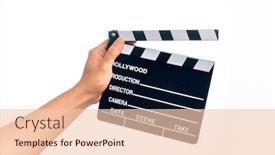  Presentation with clapboard - Colorful presentation design enhanced with hand-of-caucasian-young-filmmaker backdrop and a lemonade colored foreground
