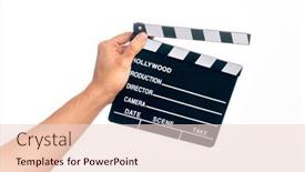  Presentation with clapboard - PPT theme featuring hand-of-caucasian-young-filmmaker background and a lemonade colored foreground