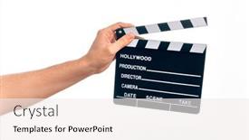  Presentation with clapboard - Colorful slides enhanced with hand-of-caucasian-young-filmmaker backdrop and a sky blue colored foreground