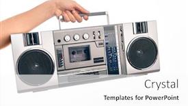  Presentation with vintage radio - Slide deck with hand-of-caucasian-young-man background and a white colored foreground
