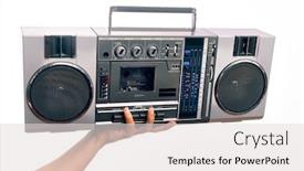  Presentation with vintage radio - Presentation theme featuring hand-of-caucasian-young-man background and a light gray colored foreground