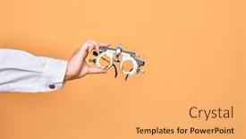  Presentation with optometry - Amazing PPT theme having hand-of-caucasian-young-woman backdrop and a yellow colored foreground