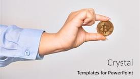  Presentation with money bitcoin - Colorful presentation theme enhanced with hand-of-caucasian-young-woman backdrop and a light gray colored foreground