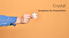  Presentation with hand holding puzzle piece - Cool new slides with hand-of-caucasian-young-woman backdrop and a yellow colored foreground