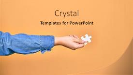  Presentation with hand holding puzzle piece - Colorful presentation theme enhanced with hand-of-caucasian-young-woman backdrop and a light gray colored foreground