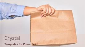  Presentation with paper bag - PPT theme having hand-of-caucasian-young-woman background and a lemonade colored foreground