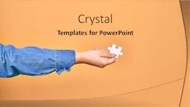  Presentation with hand holding puzzle piece - Audience pleasing presentation theme consisting of hand-of-caucasian-young-woman backdrop and a light gray colored foreground