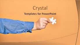  Presentation with hand holding puzzle piece - Presentation theme enhanced with hand-of-caucasian-young-woman background and a light gray colored foreground