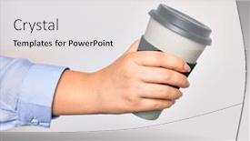  Presentation with takeaway coffee - Cool new presentation theme with hand-of-caucasian-young-woman backdrop and a white colored foreground