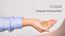  Presentation with money bitcoin - Cool new PPT theme with hand-of-caucasian-young-woman backdrop and a white colored foreground