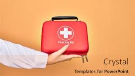 Presentation with first aid kit - Cool new PPT layouts with hand-of-caucasian-young-woman backdrop and a yellow colored foreground