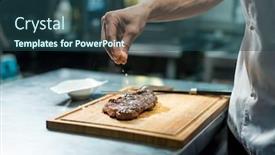  Presentation with beef meat soup stew - Cool new theme with hand-of-chef-sprinkling-spices backdrop and a ocean colored foreground