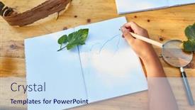  Presentation with summer camp - PPT theme featuring hand-of-child-with-pen background and a sky blue colored foreground
