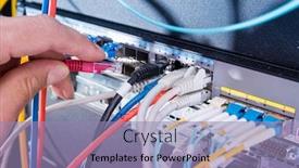  Presentation with data cabling - Amazing slide set having hand-of-computer-technician-connecting backdrop and a light blue colored foreground