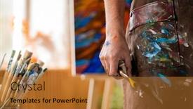  Presentation with apron - Colorful presentation theme enhanced with pencil drawing one blue - hand of contemporary artist backdrop and a gold colored foreground