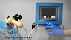  Presentation with ultrasound machine - Slide deck consisting of medical laser - hand of doctor adjusting ultrasound background and a light gray colored foreground