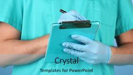  Presentation with writing pen - Amazing theme having hand of doctor with pen writing on prescription blank on blue background backdrop and a cyan colored foreground