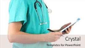  Presentation with writing pen - PPT layouts consisting of hand of doctor with pen writing on prescription blank isolated on white background and a soft green colored foreground