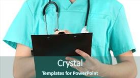  Presentation with writing pen - Colorful slide deck enhanced with hand of doctor with pen writing on prescription blank isolated on white backdrop and a ocean colored foreground