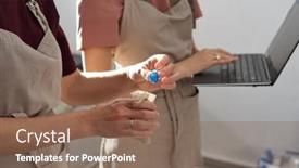  Presentation with linen - Slide deck enhanced with hand-of-female-in-apron background and a violet colored foreground