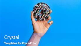  Presentation with trophy award hand holding - Presentation design enhanced with hand-of-hispanic-man-holding background and a teal colored foreground