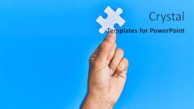  Presentation with hand holding puzzle piece - Slide deck with hand-of-hispanic-man-holding background and a cyan colored foreground