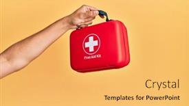  Presentation with first aid kit - Colorful slide set enhanced with hand-of-hispanic-man-holding backdrop and a yellow colored foreground