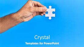  Presentation with hand holding puzzle piece - Colorful theme enhanced with hand-of-hispanic-man-holding backdrop and a light gray colored foreground