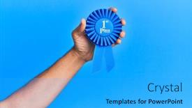  Presentation with blue ribbon bacon festival - Beautiful PPT theme featuring hand-of-hispanic-man-holding backdrop and a cyan colored foreground