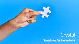 Presentation with hand holding puzzle piece - Cool new slide set with hand-of-hispanic-man-holding backdrop and a light gray colored foreground