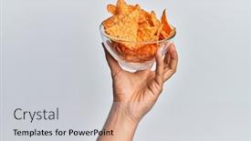 Presentation with nachos - PPT layouts having hand-of-hispanic-man-holding background and a light gray colored foreground