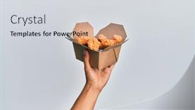  Presentation with fried chicken - PPT theme having hand-of-hispanic-man-holding background and a light gray colored foreground