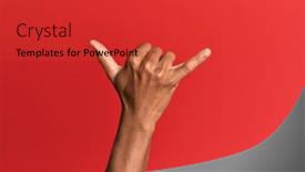  Presentation with red telephone - PPT theme enhanced with hand-of-hispanic-man-over background and a red colored foreground