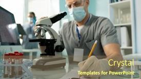  Presentation with paper making - PPT theme consisting of hand-of-male-laboratory-worker background and a violet colored foreground