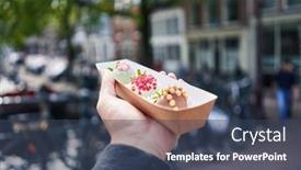  Presentation with chocolate dessert - Presentation design consisting of hand-of-man-holding-box background and a ocean colored foreground