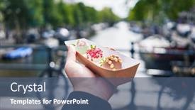  Presentation with chocolate dessert - Theme with hand-of-man-holding-box background and a ocean colored foreground