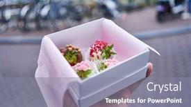  Presentation with chocolate dessert - Theme consisting of hand-of-man-holding-box background and a gray colored foreground