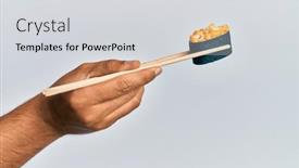  Presentation with chopsticks - Presentation enhanced with hand-of-man-holding-salmon background and a light gray colored foreground