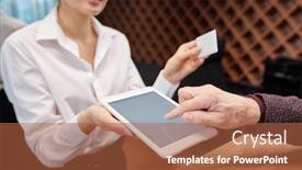  Presentation with tablet - PPT theme enhanced with hand-of-mature-businessman-pointing background and a red colored foreground