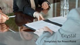  Presentation with partnership - Audience pleasing presentation design consisting of hand-of-mature-female-delegate backdrop and a light blue colored foreground