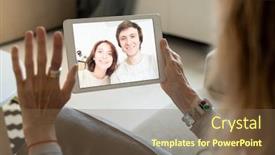  Presentation with chat - Amazing PPT theme having hand-of-mature-female backdrop and a violet colored foreground