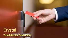  Presentation with closed - Slide set featuring hand of modern businessman holding red plastic card by closed wooden door of hotel room to get inside background and a tawny brown colored foreground