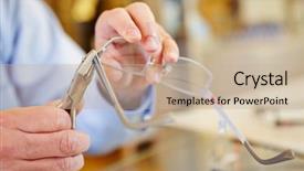 Presentation with elegant man in glasses optics - Amazing PPT theme having hand of optician fixing glasses backdrop and a soft green colored foreground