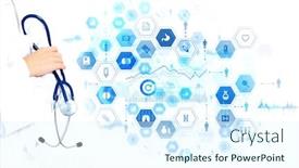  Presentation with hand sanitizer kids - PPT theme having hand-of-practitioner-with-stethoscope background and a sky blue colored foreground